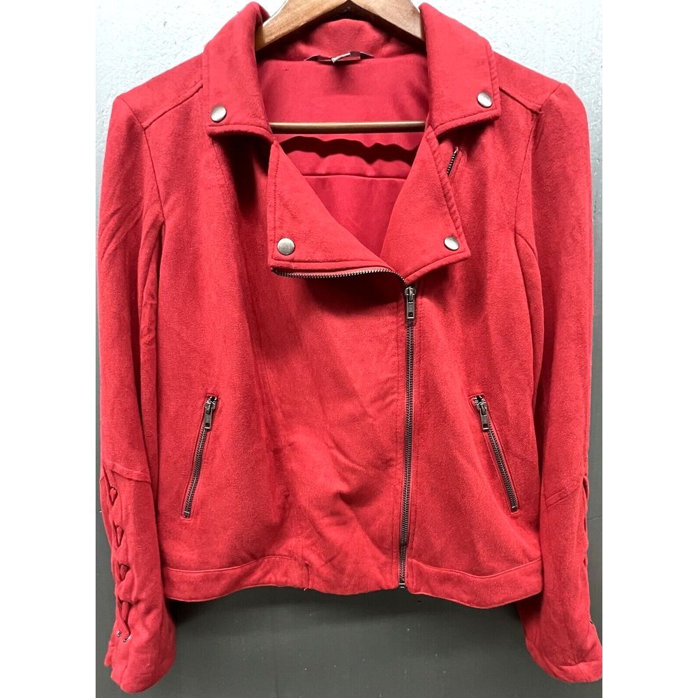 Market & Spruce Jacket Women S Red Faux Suede Side Zip‎ Lace Up Sleeves Cropped